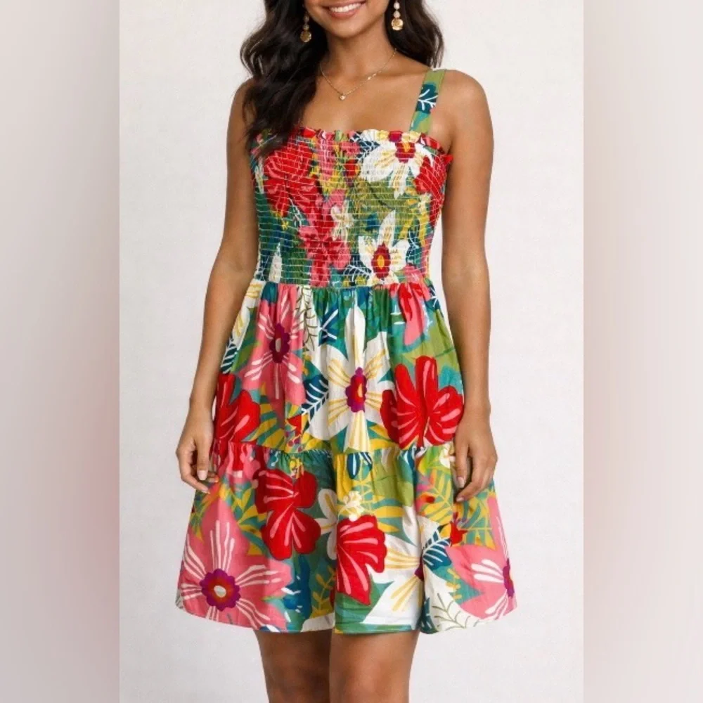 SUGAR + LIPS Colorful Floral Smocked Tiered Cotton Mini Dress Size M (Like a S) - Picture 1 of 11